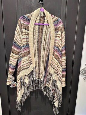 Los Angeles Striped Fringe Cardigan Beige & Blue Medium